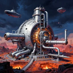 a minimalist hyperreal space dock mining platform with massive piping inspired by nuclear reactor core maschinen krieger mri machine millennium falcon space-station Vuutun Palaa submarine, space-station Vuutun Palaa, ilm, beeple, star citizen halo, mass effect, starship troopers, elysium, iron smelting pits, high tech industrial, saturated colours, dramatic stormy sky, volumetric lighting
