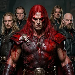 portrait of conan the barbarian wearing evil red oily tar by hr giger, greg rutkowski, luis royo and wayne barlowe, 8 k