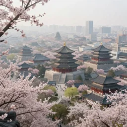 magnificent city in ancient china in late spring, flowers will fade, some fog, realistic style, high details, scene concept., trending on artstation