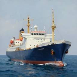 a ship in the ocean in the style of John Kenn Mortensen, realistic painting, high definition, digital art, matte painting, very detailed, realistic