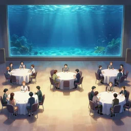 cartoon background clean neat clarity professional visual development set design, large hall, people sitting on ten round tables, dim painterly lighting volumetric aquatics, impasto, trending on pixiv