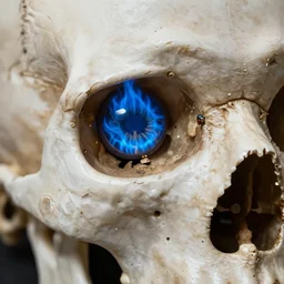 photography of a skull with a blue flaming eye in the left orbit