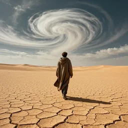 a man in a cloak walking on a desertic and crackled landscape, swirly clouds, art by aaron horkey and moebius, high details, contrasted colors, cinematic, cgsociety 8 k