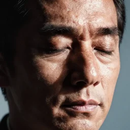 full color closeup headshot photo of Shintaro Katsu, closed eyes