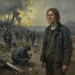 after nuclear fallout, people searching for the happiness, stalker, detailed painting
