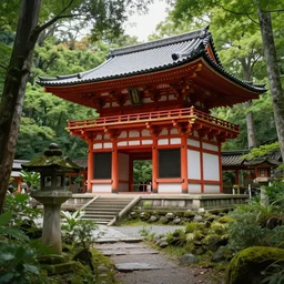 Japanese temple in a lush forest, highly detailed, trending on artstation