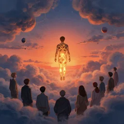 highly detailed illustration of an illuminated man floating while facing clouds of gases in a sunset by dan mumford, by moebius, by nico delort, by oliver vernon artist, by joseph moncada, by damon soule, by manabu ikeda, by kilian eng, by kyle hotz, by otomo, 4 k resolution