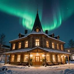 snow cafe at night with aurora borealis in the night sky, with detailed architecture, by ferdinand knab, trending on artstation,