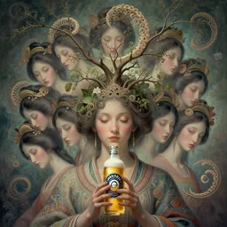 breathe into euphoria, alterd carbon, madison beer with a branches growing from her head, many heads fractal, geisha, dreamy ethereal vibe,, atmospheric, detailed intricate render, fibbonacci, detailed illustration, hd, 4 k, digital art, overdetailed art, surrealistic, by greg rutkowski, by loish, laura sava, slavic traditional trending on artstation, deviantart