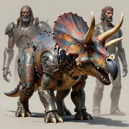 triceratops in a cyborg mech suit, by alexandre ferra, zezhou chen, peter gric, mohamed reda and hr giger, hyper detailed, screen print, character concept art, realistic, coherent, octane render, zbrush central, behance hd, hypermaximalist