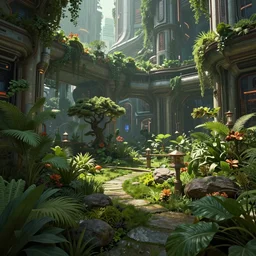 lush garden in cyber punk city, futuristic atmosphere, sci-fi, intricate, detailed, photorealistic imagery, artstation, by Greg Rutkowski and Gaston Bussiere and Evgeny Lushpin