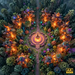 enchanted magical forest on magical colorful fire, aerial view, digital painting , digital art , artstation , devian art , 4k , HD