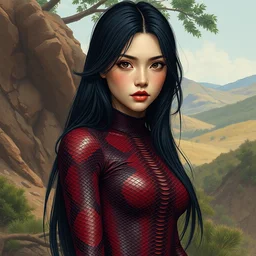 girl with long black hair in burgundy python snake skin bodysuit in hills biome. highly detailed, digital painting, watercolor, soviet realism, engraving, artstation, concept art, smooth, sharp focus, vivid grunge, manga, illustration, unreal engine 5, 8 k, art by bilibin and kilian eng and kuvshinov and malevich and mucha