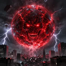 a gigantic evil glowing red orb hovers over a destroyed city, lightning in the background, concept art, extremely detailed, artgerm, trending on artstation, grim, overpowering, dramatic lighting,