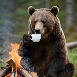 a candid photo of a bear holding a cup, drinking a coffee, by the campfire, 4 k