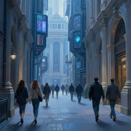 hyperrealistic and beautiful painting of an alley way within a grand city, wanderers traveling from afar, a woman walking, classical architecture, technological lights, screens, cyberpunk style, 8 k resolution, by hugh ferris and john smith, polished, fine detail, intricate, blue color scheme, cyberpunk style, smooth, octane, concept art, trending on artstation