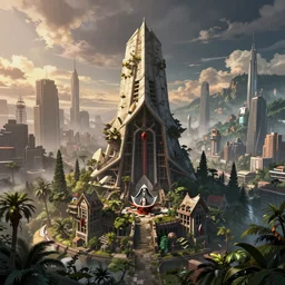 a beautiful hyperdetailed render of nature building urbex city abandoned unfinished building tomb by jacob van ruisdael, assassin's creed uv light atlantis futuristic cgsociety tundra at dawn sunlight rainforest landscape anime san andreas poppy at winter tokyo, archdaily, wallpaper, highly detailed, trending on artstation.