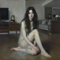 a portrait of beautiful woman sitting in the floor, inside a modern apartment, intricate oil painting, hyperdetailed, ominous, ethereal, dramatic lighting, by jeremy mann and ruan jia and lawrence alma - tadema