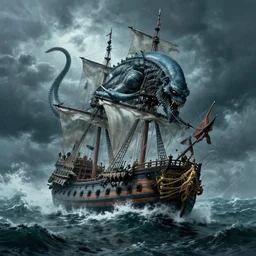 A kraken emerging from the stormy ocean depths attacking a 17th century Ship-of-the-line, atmospheric, dramatic, concept art by Peter Mohrbacher