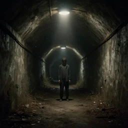 in the abandoned tunnel of the 2 0 th century, the top lights flicker and go off, dust and fine flies fly in the dim light, and deep in the tunnel is dark, in the dark a tall figure stands, film composition, real light and shade treatment, surrealism, unreal engine 5, detail texture, photorealism