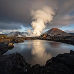 landscape photography by marc adamus, lava lake, dramatic lighting, volcanoes, smoke, beautiful, reflections, shadows