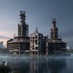 a beautiful photorealistic render of industrial architecture museum abandoned building city nature unfinished building by pierre de meuron, at night alien sea vaporwave lake at dusk, archdaily, wallpaper, highly detailed, trending on artstation.