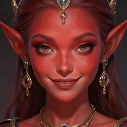 red skin, Tiefling , smiling, beautiful detailed eyes, cute, fantasy, intricate, elegant, highly detailed, digital painting, 4k, HDR, concept art, detailed jewelry, smooth, sharp focus, illustration, by Wayne Reynolds
