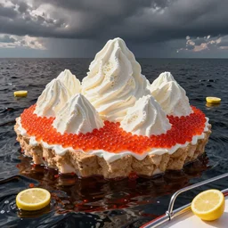 an island made of red caviar, in the center of this island there are several mountains made of white ice cream, the water around this island is made of coca - cola ( dark brown water ), the photo was taken from a boat, lemon slices float on the water, by hans thoma