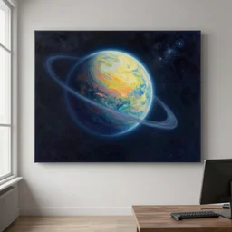 a painting of a stunning landscape, a planet in space, striking lighting, a computer on a table, the wall is a window, ilya kuvshinov, greg rutkowski, john singer sargent, anime, trending on artstation, intricate