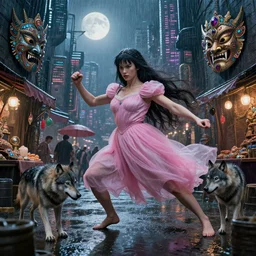 hyper realistic Princess Mononoke fighting Cthulhu , ornate mask, wet market street, rainy atmosphere, full moon, cyberpunk metropolis, city landscape, jewels, full body pose, wolves, style of tom bagshaw, mucha, james gurney, norman rockwell, denoised, sharp
