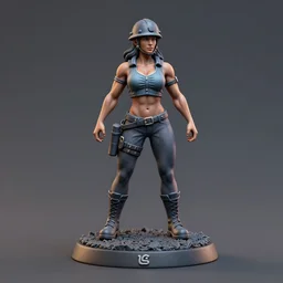 80mm resin detailed miniature of a very Muscular miner woman, sleeveless tops, helmet, abdominal muscles, navel, boots, Logo, textured base; Product Introduction Photos, 4K, view from front