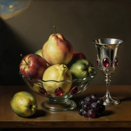 a beautiful oil painting fruit in a glass bowl and ruby encrusted silver goblet by Bartolomé Esteban Murillo