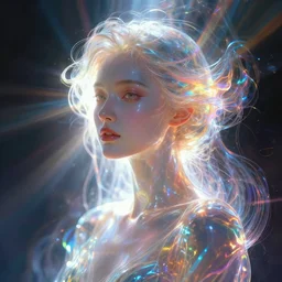 a frontal face portrait of a transparent beautiful elegant entity, dissolving in to light +  refractive light + refractive light + caustics + backlit + incredible lighting + strong rim light + highly detailed + god rays + digital painting + HDRI + vivid colors +  high contrast + 8k resolution + intricate + photorealistic + smooth + by Alvaro Castagnet + Peter Mohrbacher + Dan Mumford