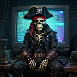 a cyberpunk hacker pirate captain skeleton with a pirate hat sitting in front of a huge old crt monitor in a dark room, highly detailed, intricate, digital art, trending on artstation, trending on cgsociety