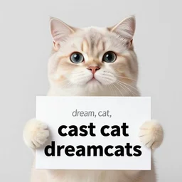 realistic high quality photo of a cute cat holding a sign with text that reads : dream, cat, cas, cast cat dreamcats,