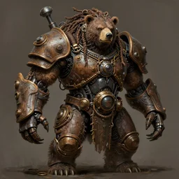 wild monstorous anthropomorphic biomechanical bear warrior wearing dreadlocks made of cables and wires. Upgraded with hightech cyberwares. huge, big, giant bear human hybrid, mecha animal, tall, detailed woodcut armor, terrifying and dangerous, scary, beautiful, steampunk monster android hybrid art portrait, matte scifi fantasy painting, half robot half bear. DeviantArt Artstation, by Jason Felix by Steve Argyle by Tyler Jacobson by Peter Mohrbacher, cinematic lighting