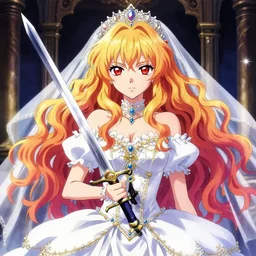 portrait girl in luxurious wedding dress holding a cermonial sword, long curvy hair, colourful, pretty face, cute face, intimidating expression, red eyes, anime by greg rutkowski rossdraws makoto shinkai, adobe illustrator, trending on pixiv, behance