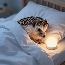 cute hedgehog sleeping in bed with nightlight beside it, comfortable, bright colours, night, cute, adorable, covers, blankets, bed, pillow, asleep, bed, blankets
