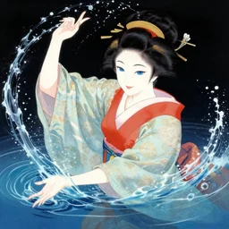 a beautiful geisha manipulating water by karol bak, ayami kojima, artgerm, river, water, blue eyes, smile, concept art, fantasy