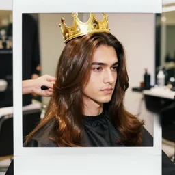 attractive man with a golden crown with shiny and silky long hair getting hair styled in salon named the hair queen, polaroid