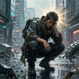 an exhausted warrior wandering through a lost cyberpunk city from left to right, rainy day, radiant light, digital painting, art station, by les edwards, by greg rutkowski