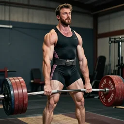 chris evans as a powerlifter in the gym, muscular, powerful, masculine, strong, 4 k hd photograph