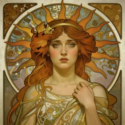 breathtaking detailed concept art nouveau painting of attractive Ashley Liao as the goddess of the sun, with anxious, piercing eyes, by Alphonse Mucha, Michael Whelan, William Adolphe Bouguereau, John Williams Waterhouse, and Donato Giancola, extremely moody lighting, 8K