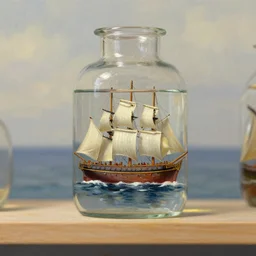 Miniature ship in a bottle filled with water, stand on a shelf, painting by Aivazovsky