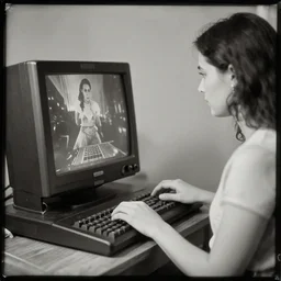 a daguerrotype photo of a woman using a game computer, award winning photo