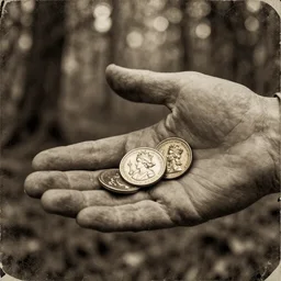old retro burnt out sepia photograph with scratches of an old and wrinkled hand holding a few golden coins with royal engravings. magical forest in the background with bokeh. Antique. High quality 8k. Intricate. Sony a7r iv 35mm. Award winning. Zdzislaw beksinski style