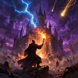 A photo of a sorcerer holding torch attacking magic castle under siege, fire from sky, blue lightnings, dramatic purple thunders, golden meteors, war, dramatic shadows, powerful photo, magic, dramatic lighting, intricate, wild, highly detailed, digital painting, artstation, concept art, smooth, sharp focus, illustration, art by artgerm and greg rutkowski and alphonse mucha, footage