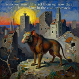 bright dramatic lighting colorful surrealist symbolist oil painting titled'someone must have set them up now they'll be working in the cold grey rock ', magical realism symbolist, ruined city landscape with hybrid animal protagonist, painted by arnold bocklin and odilon redon and max ernst, shocking detail trending on artstation 8 k