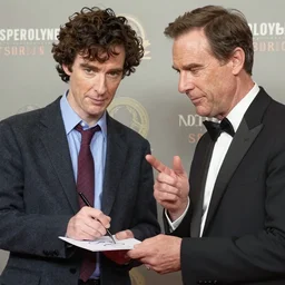 adrian monk!!!! ( tony shaloub ) asks sherlock!!! ( benedict cumberbatch ) for an autograph, natural lights, hyper realistic, award winning photo by rudolf balogh