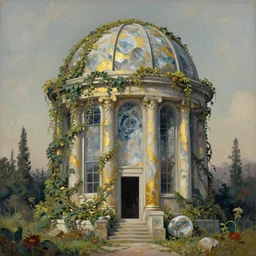 a moonstone observatory covered by vines. gouache and gold leaf by the award - winning concept artist